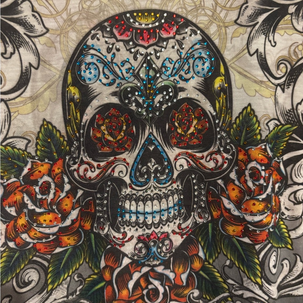 New Orleans Voodoo Fun Rhinestone Graphics Skull T-Shirt.